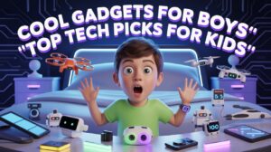 Excited boy surrounded by futuristic tech in a glowing setup showcasing cool gadgets for boys and top tech picks for kids.