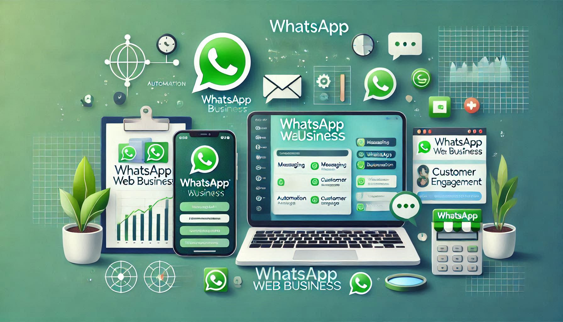 Featured image showing a laptop displaying WhatsApp Web Business interface alongside a smartphone with the WhatsApp Business logo, representing seamless communication, automation, and enhanced productivity for businesses.