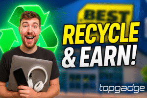 Best Buy Recycle Electronics program thumbnail showing a person holding old gadgets with a glowing green recycle symbol and Topgadge logo.