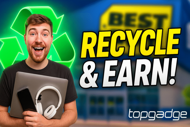 Best Buy Recycle Electronics program thumbnail showing a person holding old gadgets with a glowing green recycle symbol and Topgadge logo.