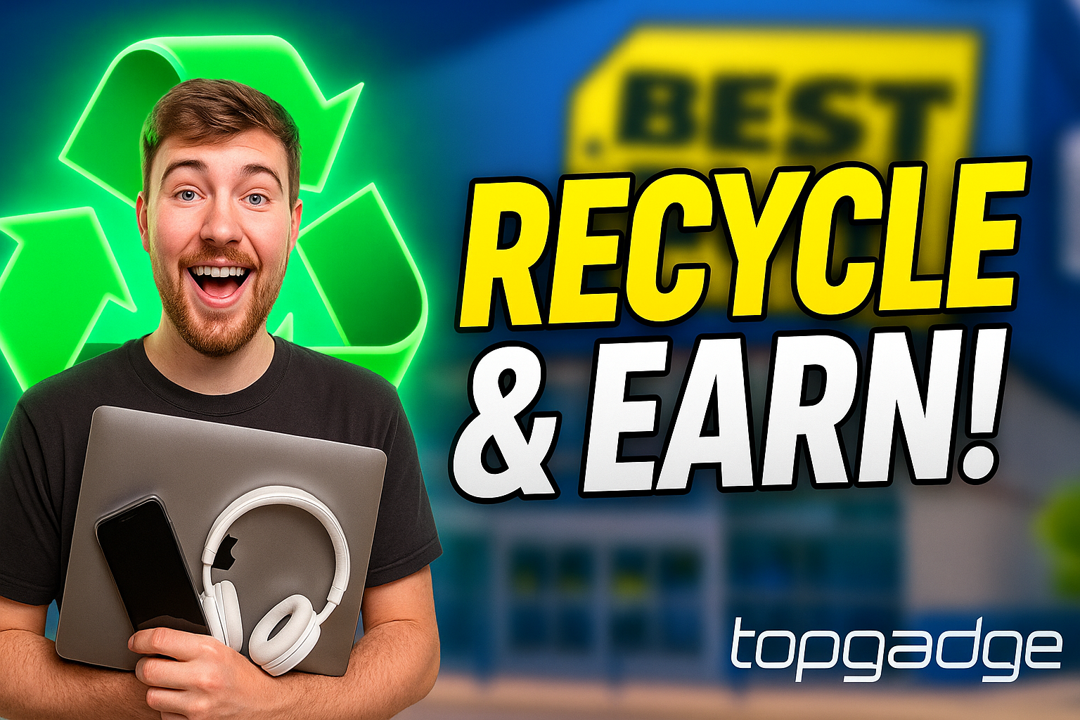 Best Buy Recycle Electronics program thumbnail showing a person holding old gadgets with a glowing green recycle symbol and Topgadge logo.