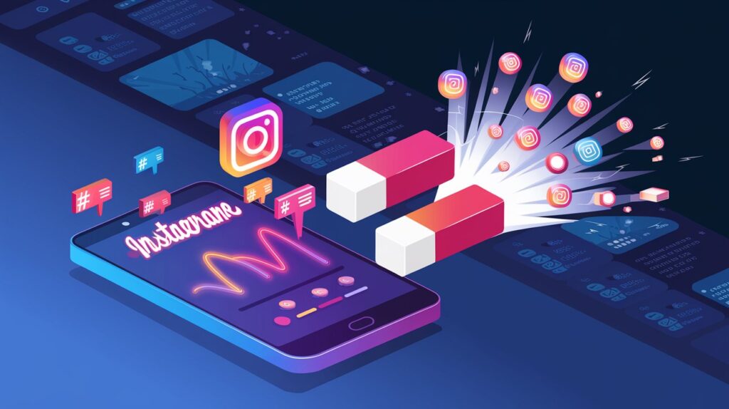 a-creative-illustration-of-a-smartphone-screen-wit-UDHx2Q2ERDGHqzse-pj27g-aLjRNb_8RUGuuLGfrA4W9Q Graph showing Instagram followers growth with hashtags and engaging content strategies for boosting audience reach.