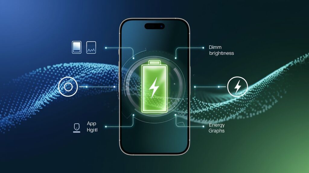 A smartphone showcasing power-saving tips with a glowing green battery icon, surrounded by icons for brightness control and app optimization, set against a futuristic digital background.