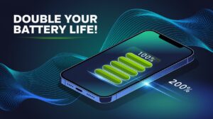 An ultra-modern smartphone with a glowing green battery icon showing a dramatic increase from 100% to 200%. The screen displays futuristic energy bars and a vibrant tech-inspired interface. The background is dynamic, featuring abstract digital waves in shades of blue and green, symbolizing innovation and energy efficiency. Bold text overlays subtly say 'Double Your Battery Life!' in a sleek and minimalistic font.