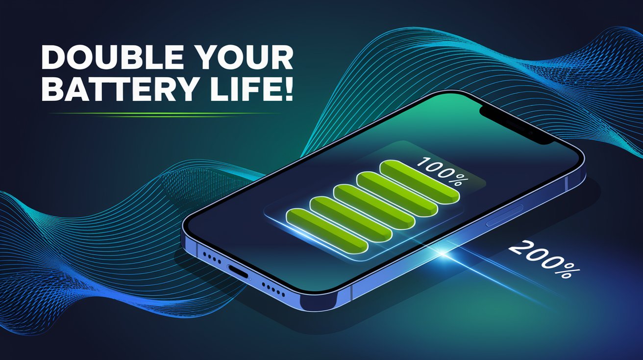 An ultra-modern smartphone with a glowing green battery icon showing a dramatic increase from 100% to 200%. The screen displays futuristic energy bars and a vibrant tech-inspired interface. The background is dynamic, featuring abstract digital waves in shades of blue and green, symbolizing innovation and energy efficiency. Bold text overlays subtly say 'Double Your Battery Life!' in a sleek and minimalistic font.