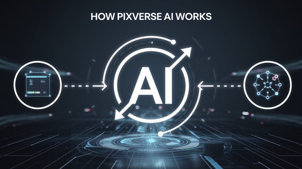 a-sleek-futuristic-ai-logo-at-the-center_EIfxzwMJRpyOsJE6YtBSDQ_Xrd-A5RrSuu8zE_MyL2NMQ Illustration showing how Pixverse AI works, with a computer interface and creative tools on the left, final professional-quality output on the right, and a sleek AI logo in the center connected by arrows, all set against a tech-inspired background with glowing digital effects. The text 'How Pixverse AI Works' is displayed in modern typography.