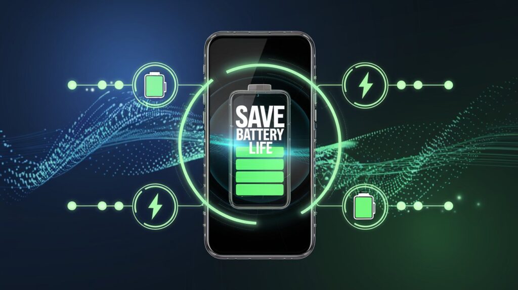 A smartphone displaying a fully charged battery with glowing green energy icons, set against a futuristic background of digital waves, symbolizing efficient battery-saving technology.