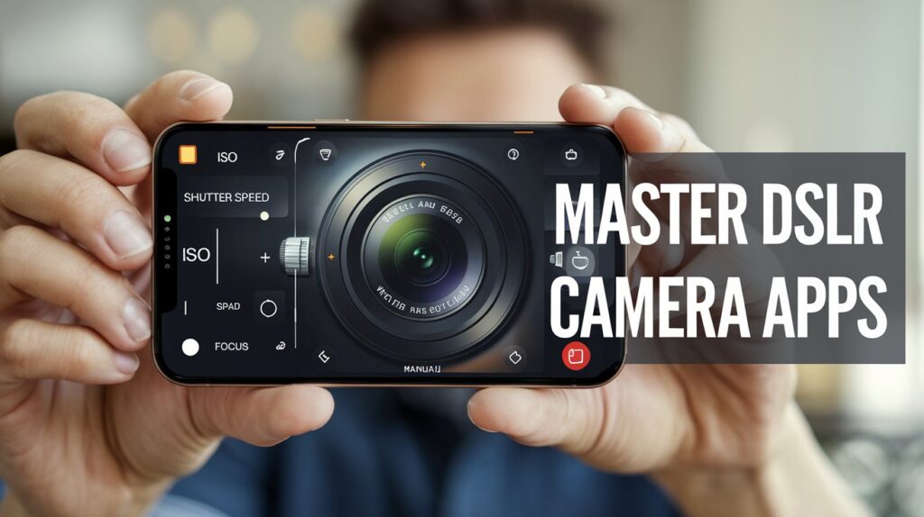Smartphone screen showing manual settings of a DSLR camera app, with a person adjusting exposure and focus for perfect shots.