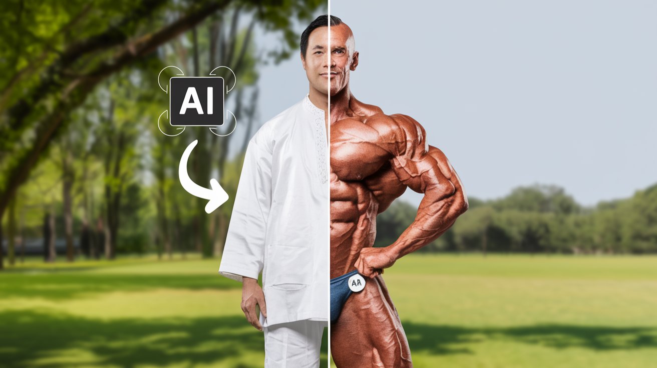 Side-by-side transformation image of a man in a park. On the left, he is standing casually in traditional white clothing, while on the right, he is flexing as a muscular bodybuilder with a well-defined physique. The image features an 'AI' logo in the center with an arrow pointing to the transformation, highlighting the use of AI in bodybuilding.