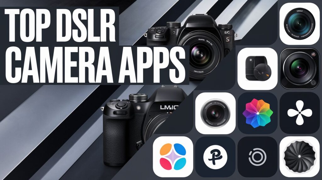 Collage of top DSLR camera app icons, showcasing the best apps for professional mobile photography.