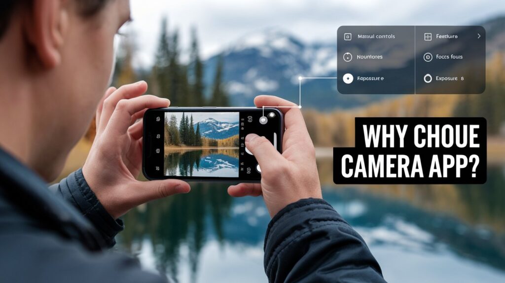 Person using a DSLR camera app on a smartphone to capture a professional-quality photo, highlighting the app's convenience and features.