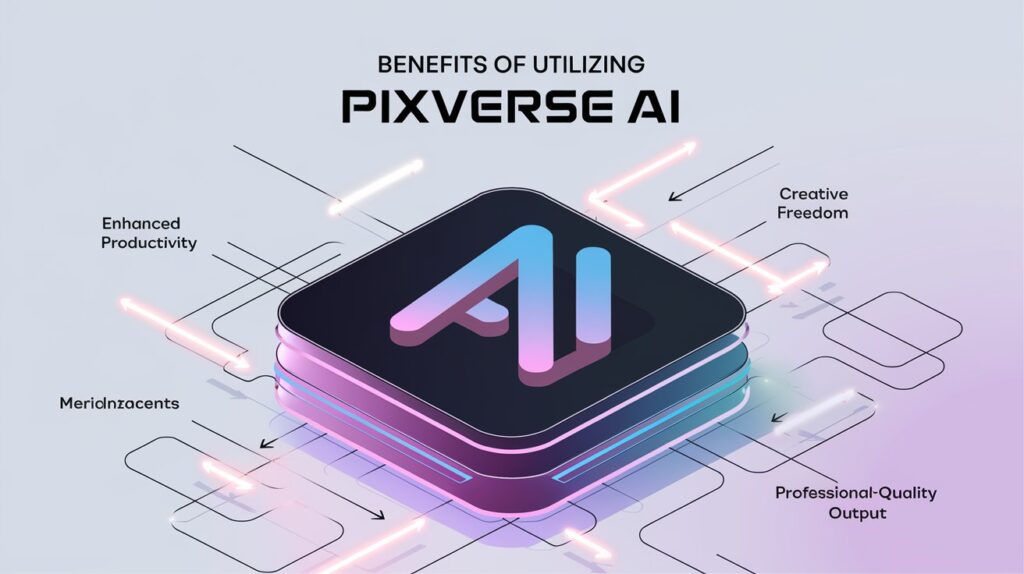 an-illustration-showcasing-the-benefits-_wWUMGXT1S0W2-sZS6fP9PQ_5tEO1_v8R_GkFvl32gf7Kg Illustration showcasing the benefits of utilizing Pixverse AI computer-based intelligence, with icons representing video editing, photo enhancement, and creative tools. A sleek AI logo is centered, surrounded by arrows pointing to benefits like enhanced productivity, creative freedom, and professional-quality output, all set against a tech-inspired background with glowing digital effects. The text 'Benefits of Utilizing Pixverse AI' is displayed in modern typography.