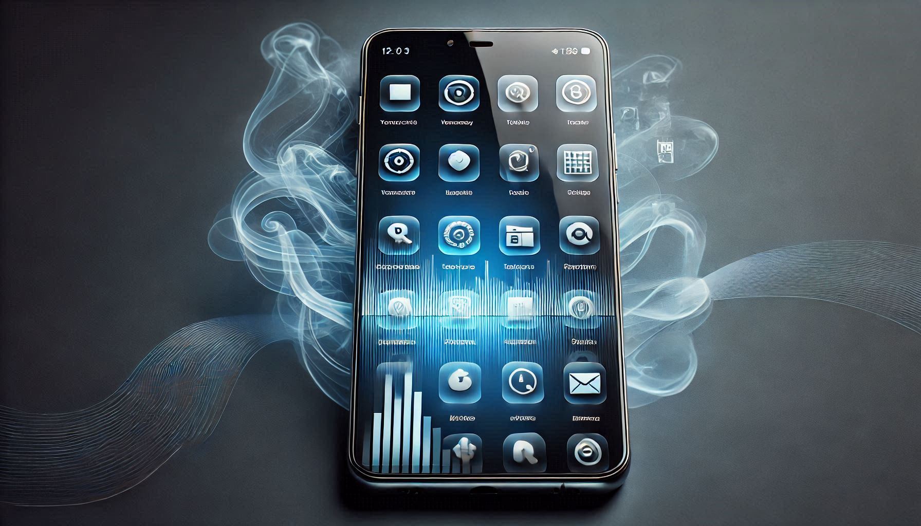 Smartphone displaying a personalized transparent wallpaper with sleek and modern icons blending seamlessly into the background.