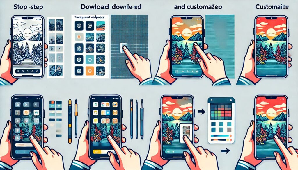 _c3168f08-52a7-4399-992c-47168e86ab04 Step-by-step guide showing a user downloading, setting up, and customizing a transparent wallpaper on a smartphone using a Transparent Wallpaper App.