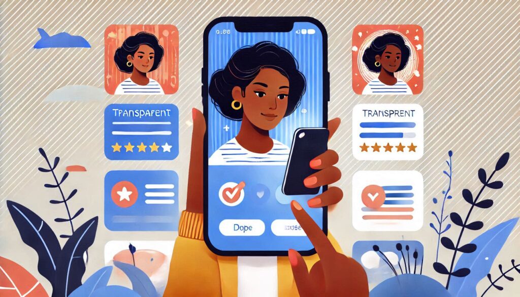 _d235b7d8-9e6b-486d-8c53-ab0a13586efd Person comparing different transparent wallpaper apps on a smartphone, examining user reviews and evaluating features.