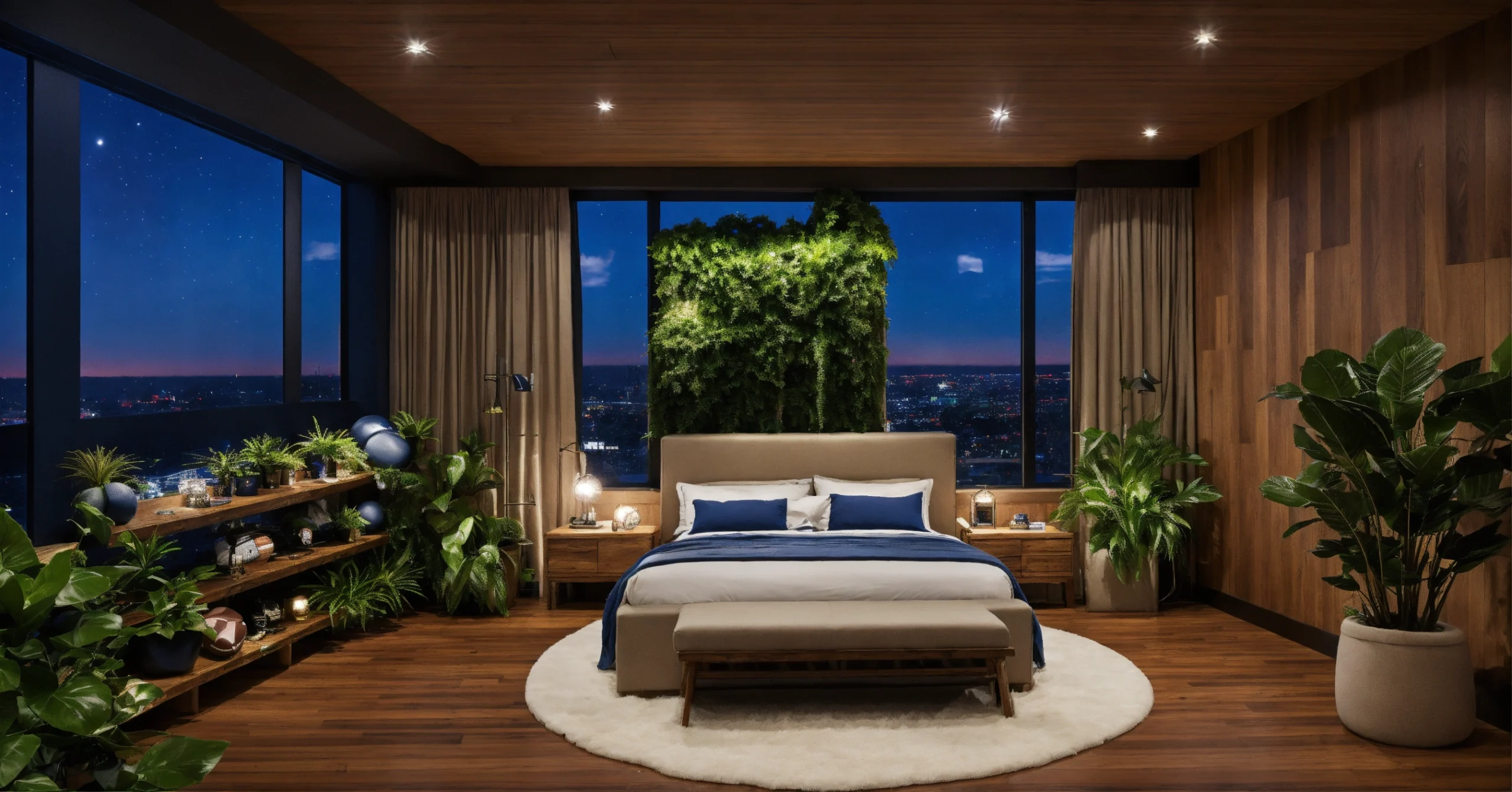 Modern bedroom with smart gadgets like a smart mattress, ambient lighting, and a white noise machine creating a cozy vibe.