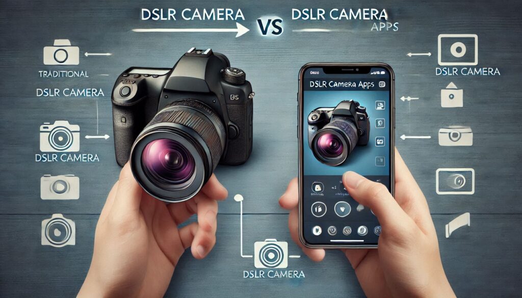 Side-by-side comparison of a traditional DSLR camera and a smartphone with a DSLR camera app, highlighting the differences in portability and features.