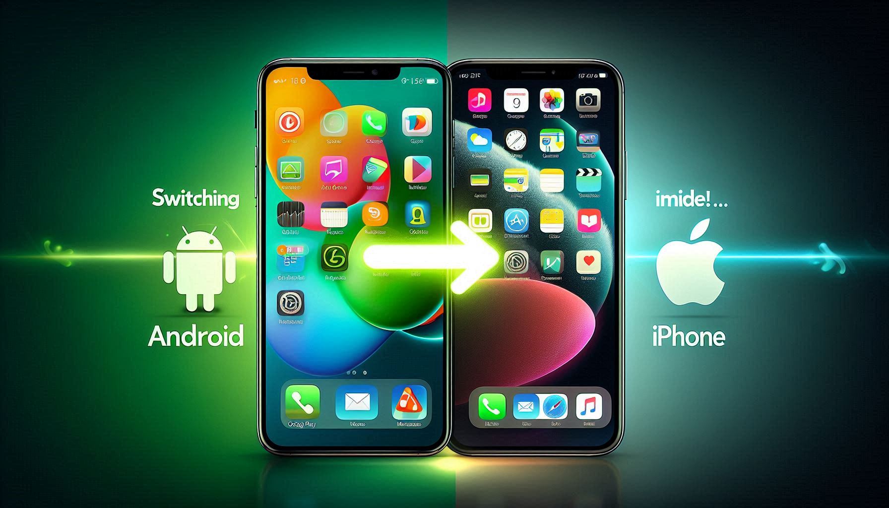 Side-by-side comparison of an Android phone and an iPhone 15 with a glowing arrow indicating the switch, showcasing Android's green icons and iPhone's sleek iOS interface, symbolizing an easy transition.