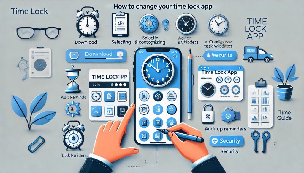 An illustrative image showing the step-by-step process of changing a time lock app. The image includes icons for downloading and installing apps, customizing themes, adding widgets, setting reminders, and enabling security features. Each step is visually represented with clear and engaging graphics.