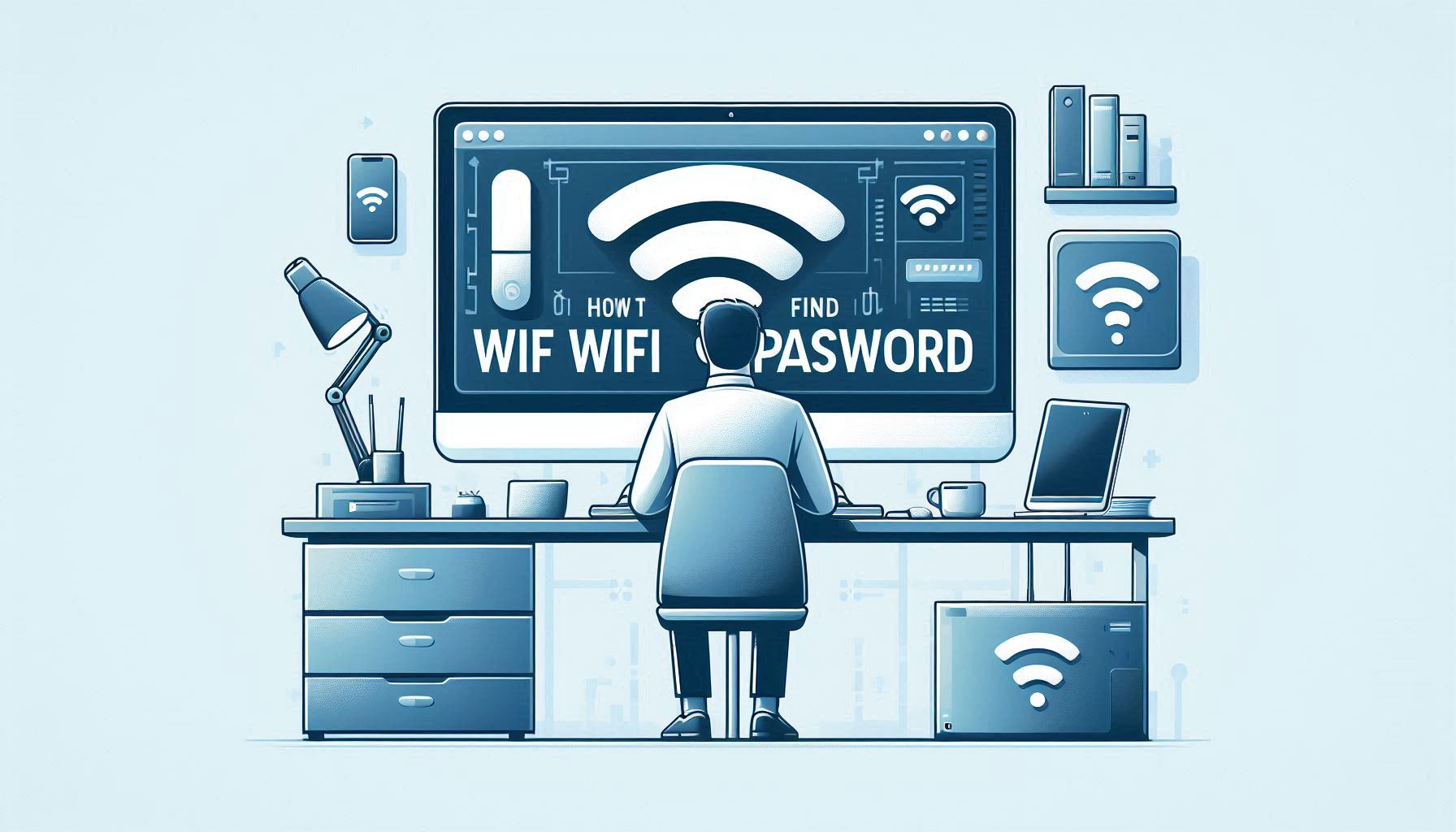 How to Find My WiFi Password with a step-by-step guide featuring a glowing WiFi symbol and a magnifying glass for easy troubleshooting on any device.