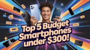 Smiling person holding budget smartphones under $300 with bold colorful background and text overlay saying “Top 5 Budget Smartphones Under $300!