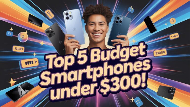 Smiling person holding budget smartphones under $300 with bold colorful background and text overlay saying “Top 5 Budget Smartphones Under $300!
