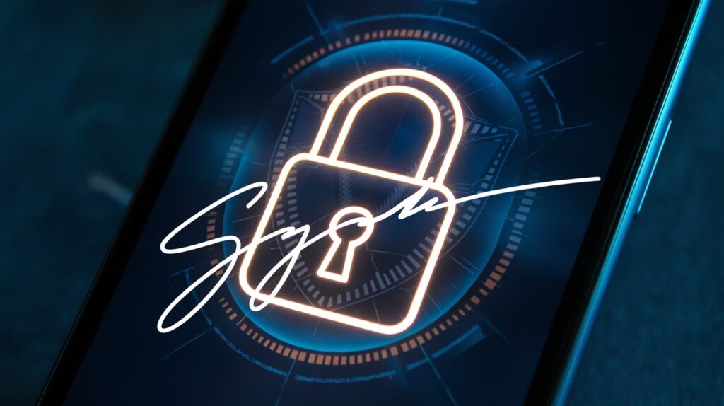 a-smartphone-screen-displaying-a-glowing_G5lmFzCjRamUcLTpv7UUiQ_zqTOTyA5TPqYLS1R1M0rRg A smartphone with a signature lock screen, emphasizing advanced security and protection against unauthorized access.