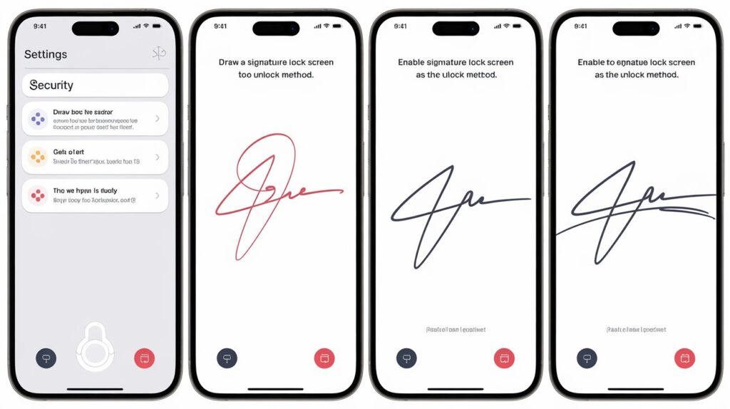 a-step-by-step-visual-of-a-smartphone-sc_IiFsfiEhSY-JLgqdvlFYgA_4n0SK53fQ82ZI3NWRW9PxA Step-by-step guide on setting up a signature lock screen, featuring a user drawing their signature on a smartphone.