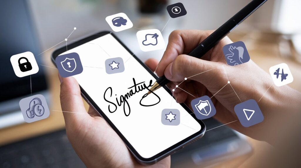 a-user-drawing-their-signature-on-a-smar_5Y6veFXDTOiV33-7Y8FZWw_j7Zta9KKRbC3Q_03U-ZkOw User creating a signature lock screen on a smartphone, highlighting security, customization, and convenience benefits.