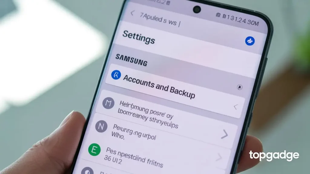 Samsung Galaxy Settings showing Accounts and Backup with Samsung Account logged in