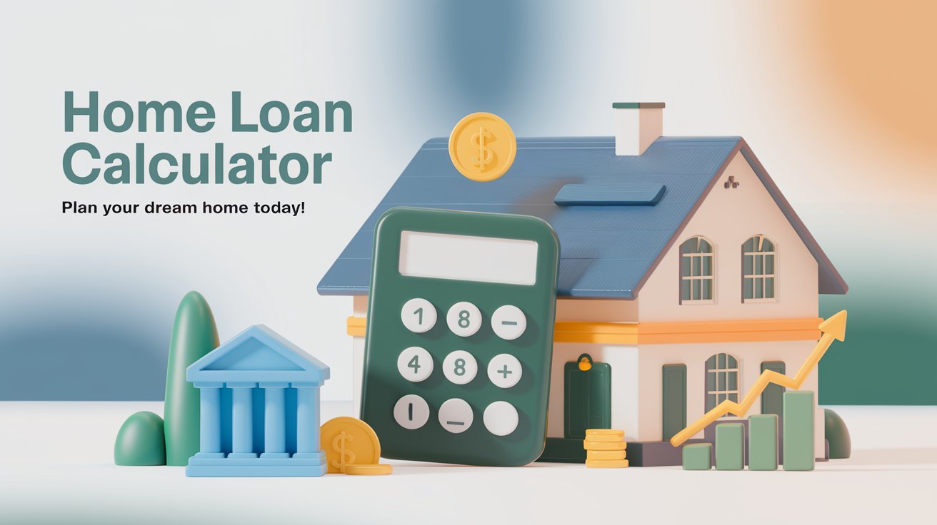 Featured image for home loan calculator article: a 3D house, calculator icon, and text overlay on a gradient blue background.