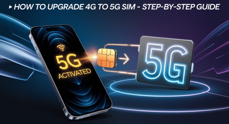 How to Upgrade 4G to 5G SIM – A digital illustration of a smartphone displaying '5G Activated' with a glowing signal icon, and a SIM card transitioning from 4G to 5G with a futuristic neon effect, symbolizing faster connectivity.