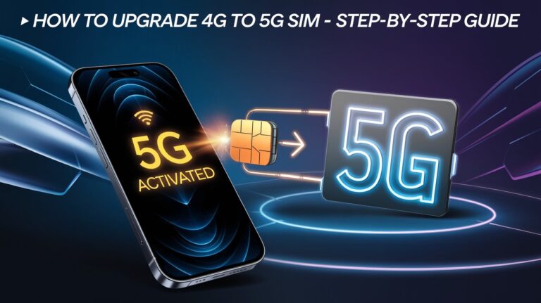 How to Upgrade 4G to 5G SIM – A digital illustration of a smartphone displaying '5G Activated' with a glowing signal icon, and a SIM card transitioning from 4G to 5G with a futuristic neon effect, symbolizing faster connectivity.