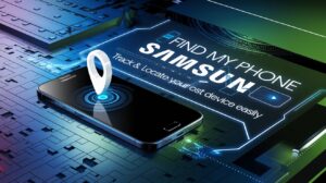 Lost Samsung smartphone with a glowing GPS location pin on a digital map, featuring bold text 'Find My Phone Samsung | Track & Locate Your Lost Device Easily' with a futuristic blue and green tech-inspired background.
