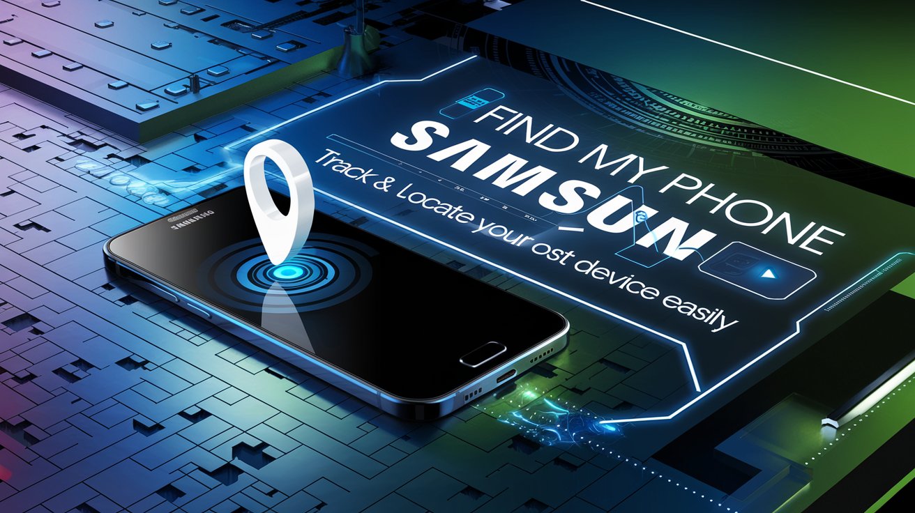 Lost Samsung smartphone with a glowing GPS location pin on a digital map, featuring bold text 'Find My Phone Samsung | Track & Locate Your Lost Device Easily' with a futuristic blue and green tech-inspired background.