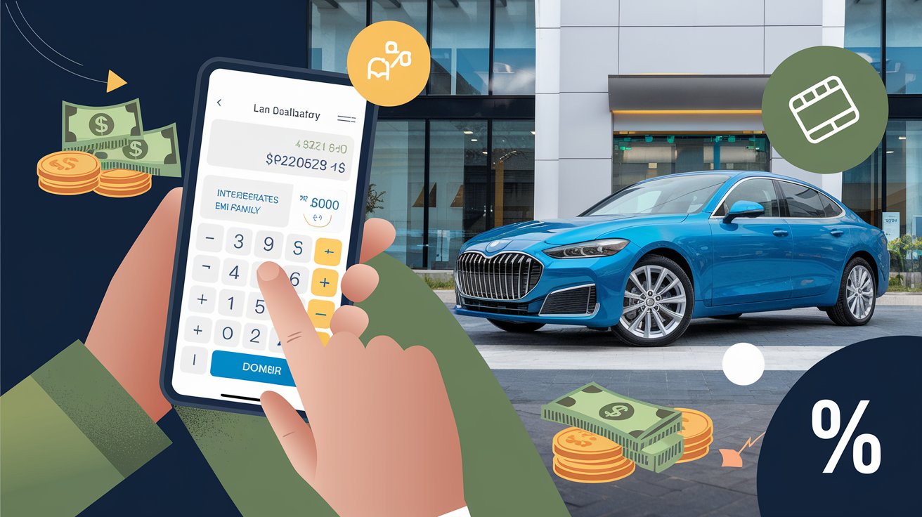 Person using a Car Loan Calculator on a laptop, with loan details, interest rates, and EMI calculations displayed, alongside a new car and financial symbols in the background.