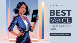 Professional thumbnail featuring a stylish woman holding a smartphone with a vibrant voice lock screen app interface, showcasing advanced phone security. Bold text reads 'Best Voice Lock Screen App' with a call to action 'Secure Your Phone Today!' on a sleek, modern background.