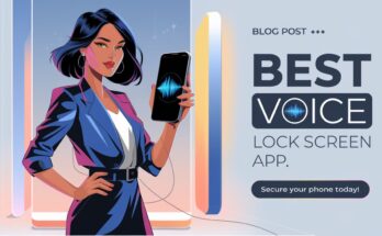 Professional thumbnail featuring a stylish woman holding a smartphone with a vibrant voice lock screen app interface, showcasing advanced phone security. Bold text reads 'Best Voice Lock Screen App' with a call to action 'Secure Your Phone Today!' on a sleek, modern background.