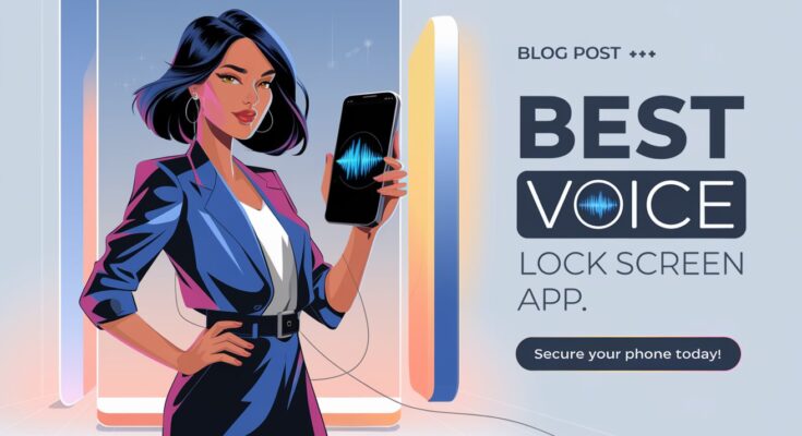 Professional thumbnail featuring a stylish woman holding a smartphone with a vibrant voice lock screen app interface, showcasing advanced phone security. Bold text reads 'Best Voice Lock Screen App' with a call to action 'Secure Your Phone Today!' on a sleek, modern background.