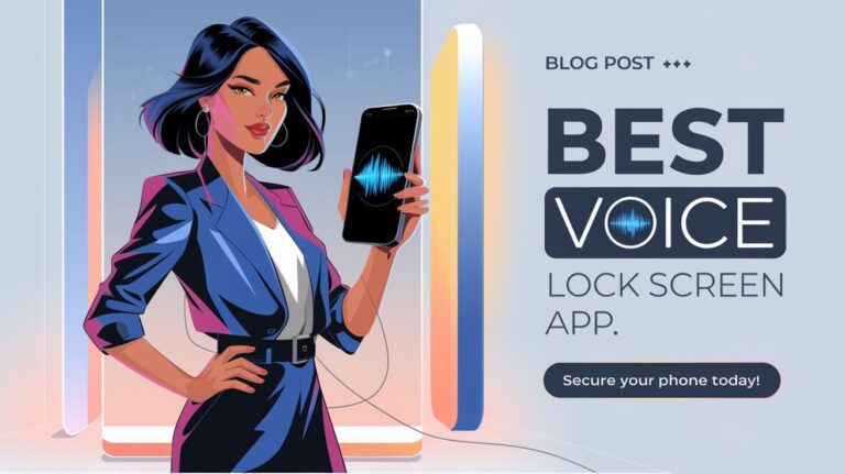 Professional thumbnail featuring a stylish woman holding a smartphone with a vibrant voice lock screen app interface, showcasing advanced phone security. Bold text reads 'Best Voice Lock Screen App' with a call to action 'Secure Your Phone Today!' on a sleek, modern background.