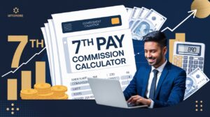 Government employee using the 7th Pay Commission Calculator on a laptop, with salary details, bar charts, and Indian currency in the background, representing financial growth.