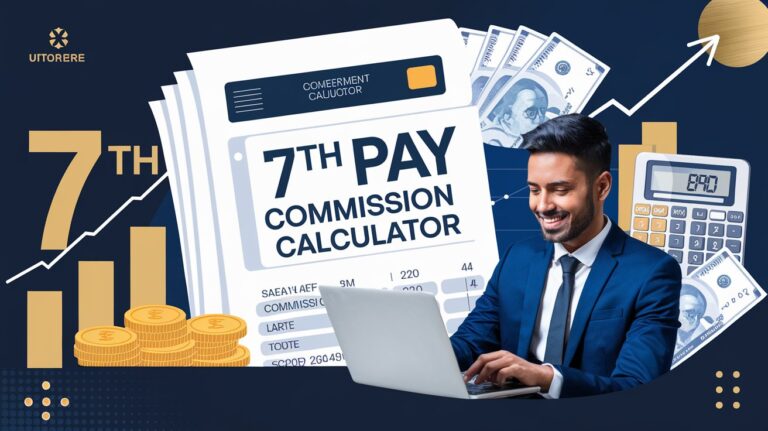 Government employee using the 7th Pay Commission Calculator on a laptop, with salary details, bar charts, and Indian currency in the background, representing financial growth.