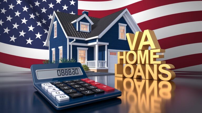 VA Loan Calculator displaying mortgage estimates with a home and American flag in the background, symbolizing veteran home financing benefits.