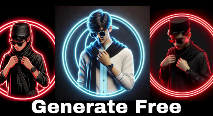 Stylish young man in sunglasses with a futuristic neon ring background, glowing in red and blue lights, creating a cyberpunk aesthetic.