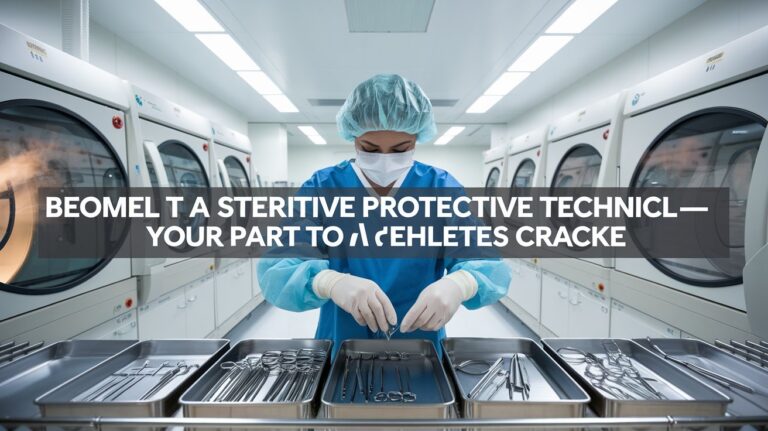Sterile Processing Technician inspecting and organizing surgical instruments in a modern hospital sterilization room with autoclave machines in the background.