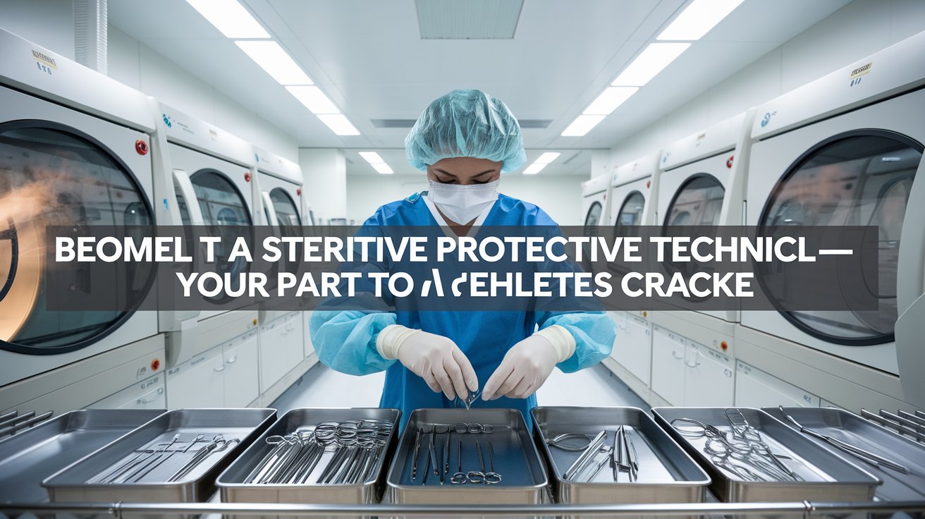 Sterile Processing Technician inspecting and organizing surgical instruments in a modern hospital sterilization room with autoclave machines in the background.