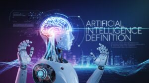 A futuristic digital illustration of artificial intelligence featuring a glowing AI brain, robotic hands, neural networks, and a holographic interface with the text "Artificial Intelligence Definition" subtly integrated in a high-tech design.