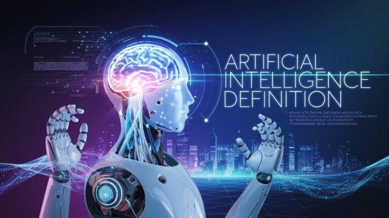 A futuristic digital illustration of artificial intelligence featuring a glowing AI brain, robotic hands, neural networks, and a holographic interface with the text "Artificial Intelligence Definition" subtly integrated in a high-tech design.