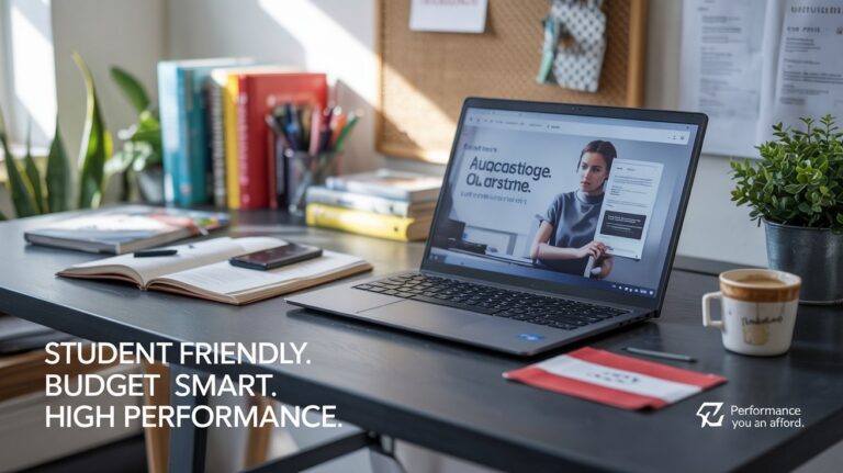 Affordable laptop in Austria for students on a budget, placed on a stylish desk with study materials, books, and a coffee cup, emphasizing productivity and affordability.