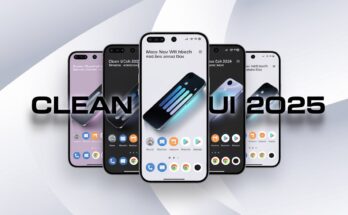A modern banner featuring five sleek Android smartphones with a clean UI, showcasing minimalistic app icons and a futuristic design, with bold text 'CLEAN UI 2025' in the center.